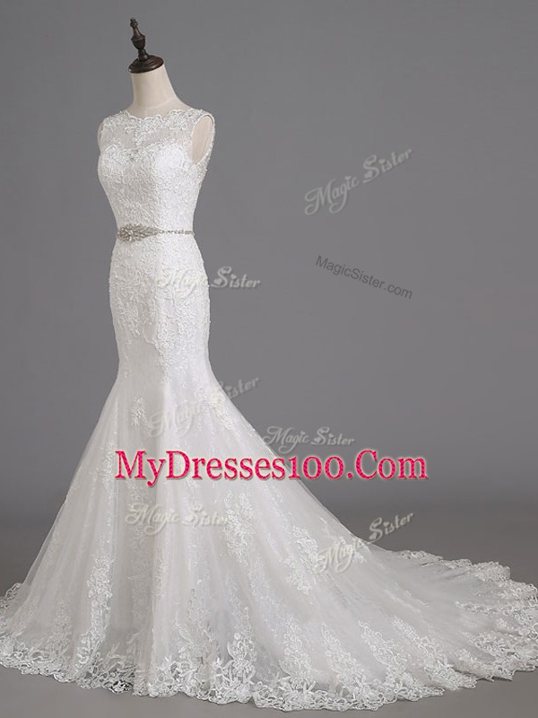 Sleeveless Beading and Lace Lace Up Wedding Dress with White Brush Train