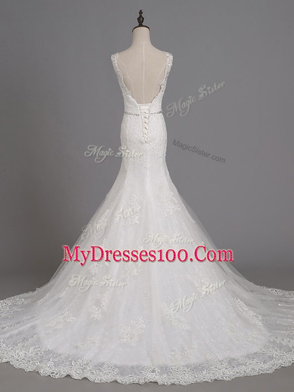 Sleeveless Beading and Lace Lace Up Wedding Dress with White Brush Train