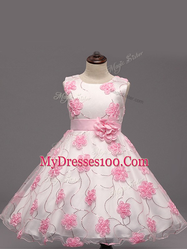 White Scoop Neckline Appliques Child Pageant Dress Sleeveless Zipper