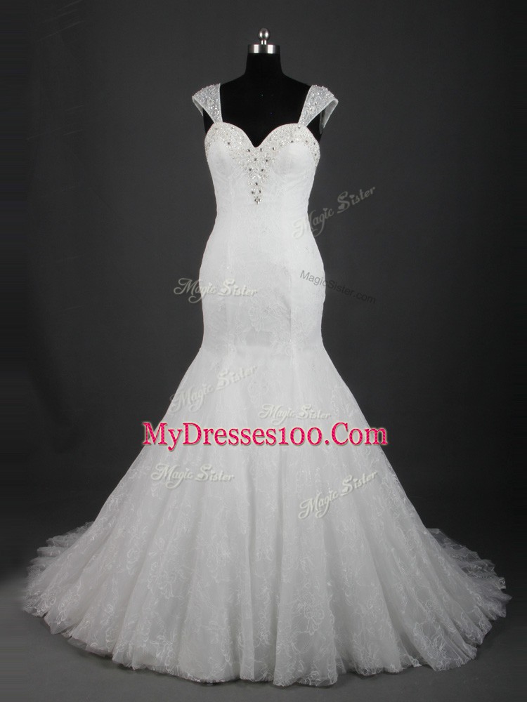 Discount White Mermaid Lace Straps Sleeveless Lace Lace Up Wedding Gowns