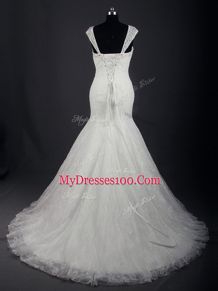 Discount White Mermaid Lace Straps Sleeveless Lace Lace Up Wedding Gowns