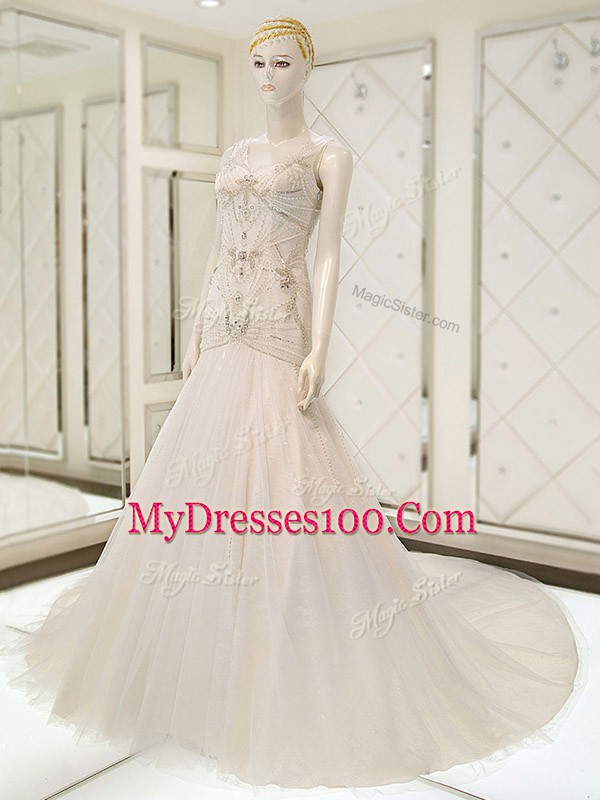 White Tulle Side Zipper V-neck Sleeveless Bridal Gown Court Train Beading