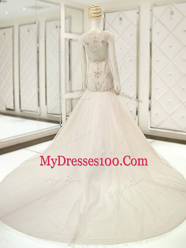 White Tulle Side Zipper V-neck Sleeveless Bridal Gown Court Train Beading