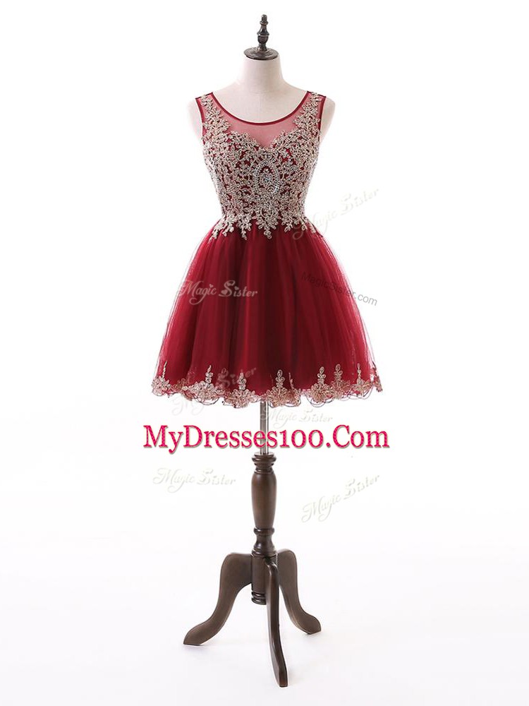 Wine Red Zipper Prom Dress Beading and Lace and Appliques Sleeveless Mini Length