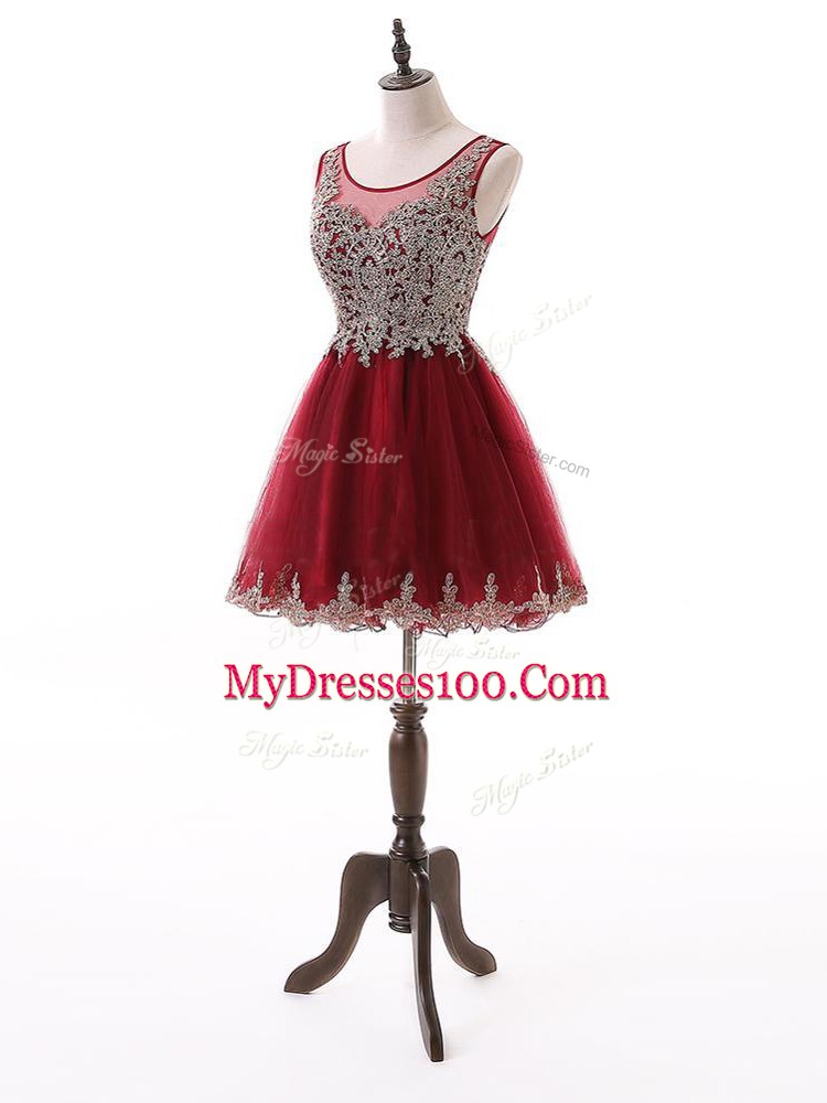Wine Red Zipper Prom Dress Beading and Lace and Appliques Sleeveless Mini Length