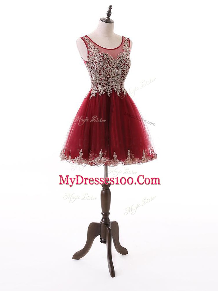 Wine Red Zipper Prom Dress Beading and Lace and Appliques Sleeveless Mini Length