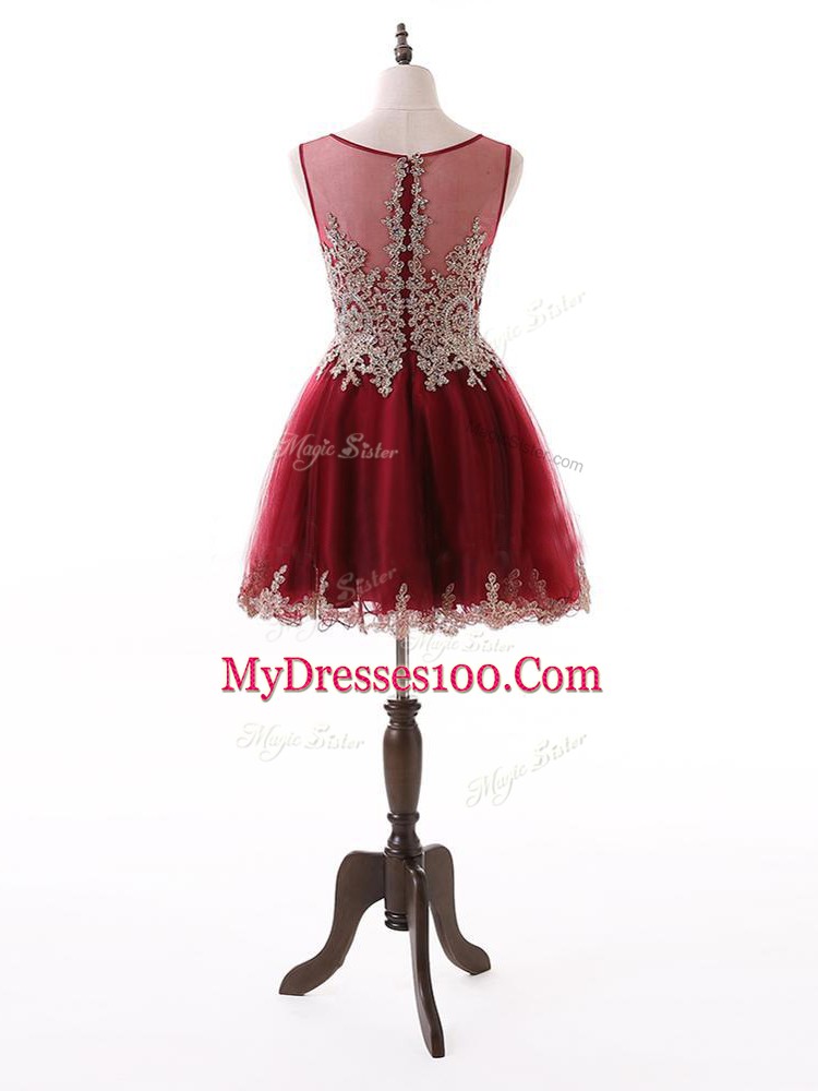 Wine Red Zipper Prom Dress Beading and Lace and Appliques Sleeveless Mini Length