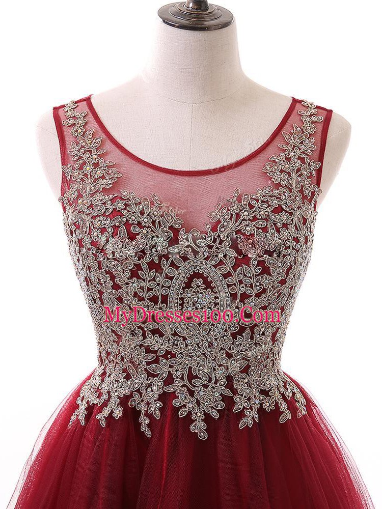 Wine Red Zipper Prom Dress Beading and Lace and Appliques Sleeveless Mini Length