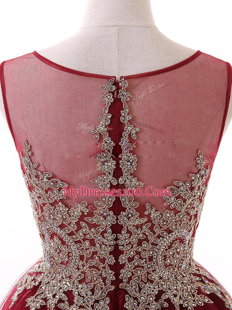 Wine Red Zipper Prom Dress Beading and Lace and Appliques Sleeveless Mini Length
