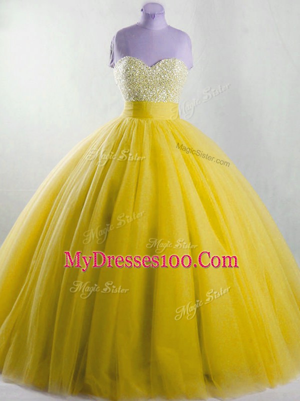 Fitting Floor Length Yellow Ball Gown Prom Dress Strapless Sleeveless Lace Up