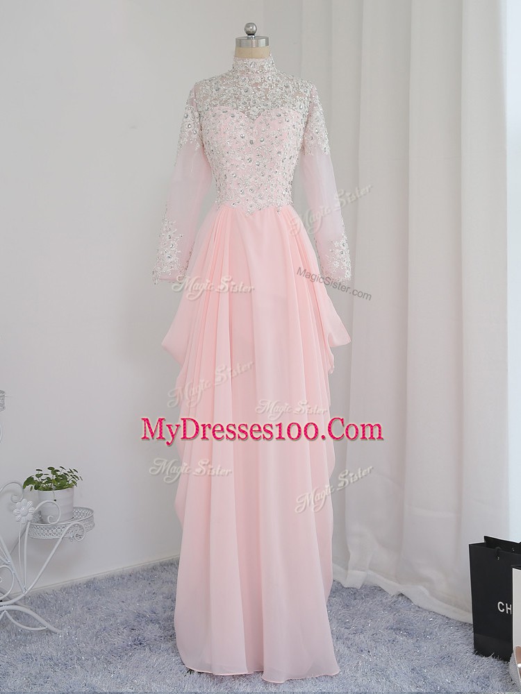 Low Price Baby Pink Sleeveless Floor Length Beading Zipper