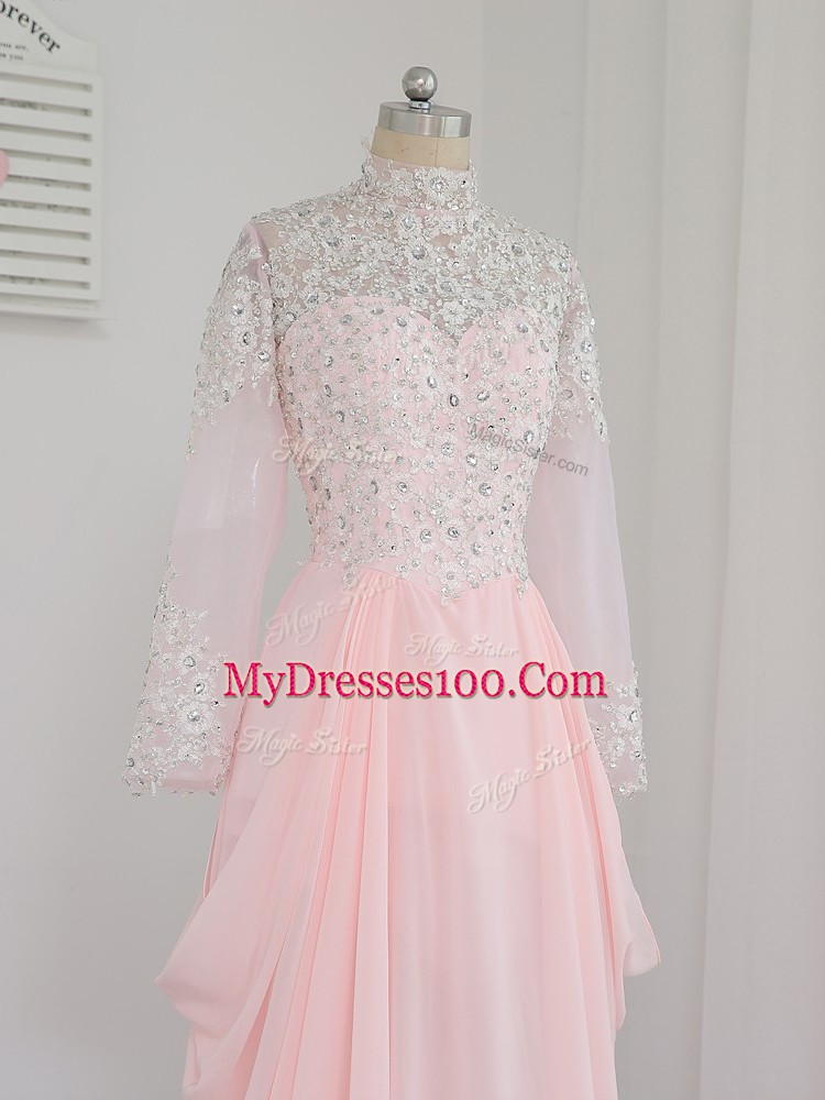 Low Price Baby Pink Sleeveless Floor Length Beading Zipper