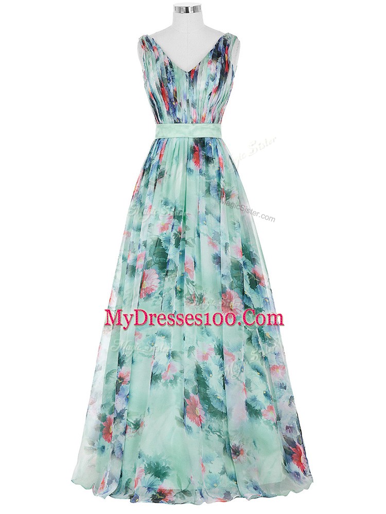Amazing Multi-color Printed Zipper Homecoming Dress Sleeveless Floor Length Ruching and Belt