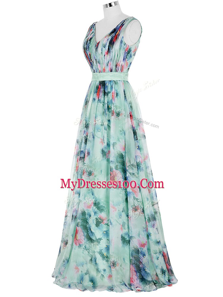 Amazing Multi-color Printed Zipper Homecoming Dress Sleeveless Floor Length Ruching and Belt