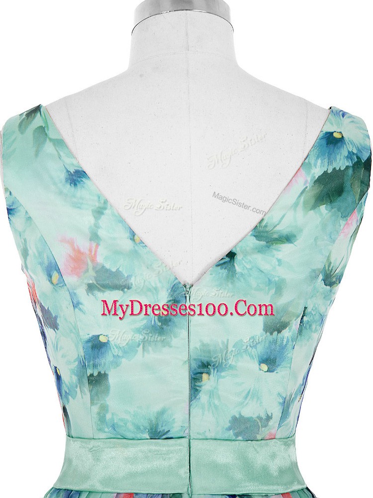 Amazing Multi-color Printed Zipper Homecoming Dress Sleeveless Floor Length Ruching and Belt