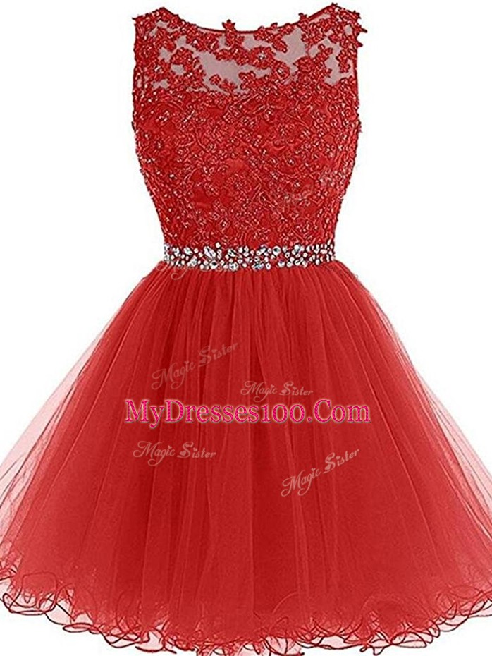 Scoop Sleeveless Custom Made Mini Length Beading and Lace and Appliques Red Tulle