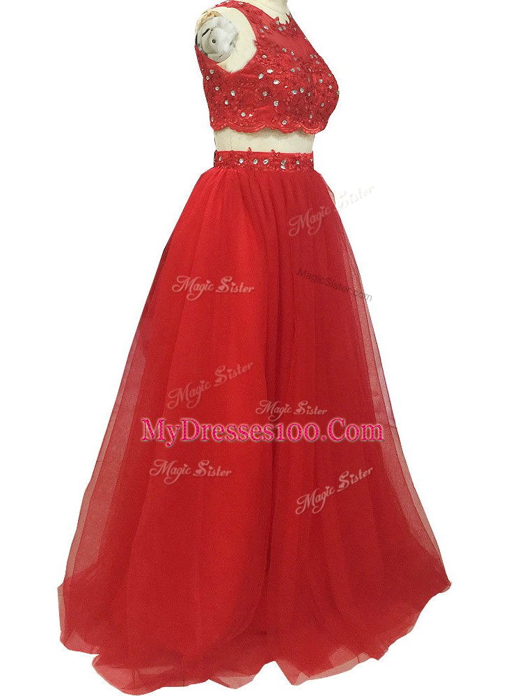 Gorgeous Red Scoop Zipper Beading and Appliques Evening Dress Sweep Train Sleeveless