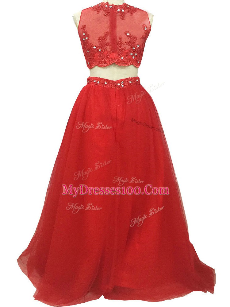 Gorgeous Red Scoop Zipper Beading and Appliques Evening Dress Sweep Train Sleeveless