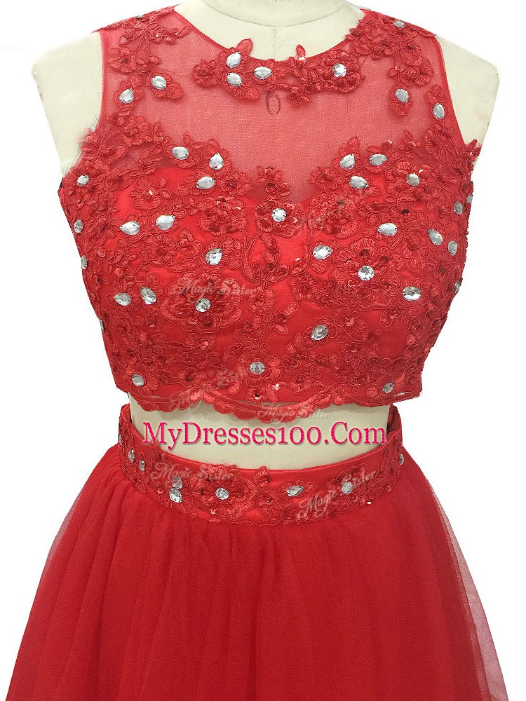 Gorgeous Red Scoop Zipper Beading and Appliques Evening Dress Sweep Train Sleeveless