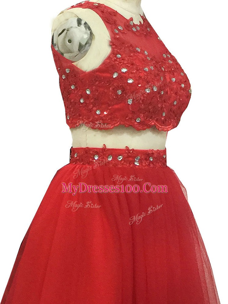 Gorgeous Red Scoop Zipper Beading and Appliques Evening Dress Sweep Train Sleeveless