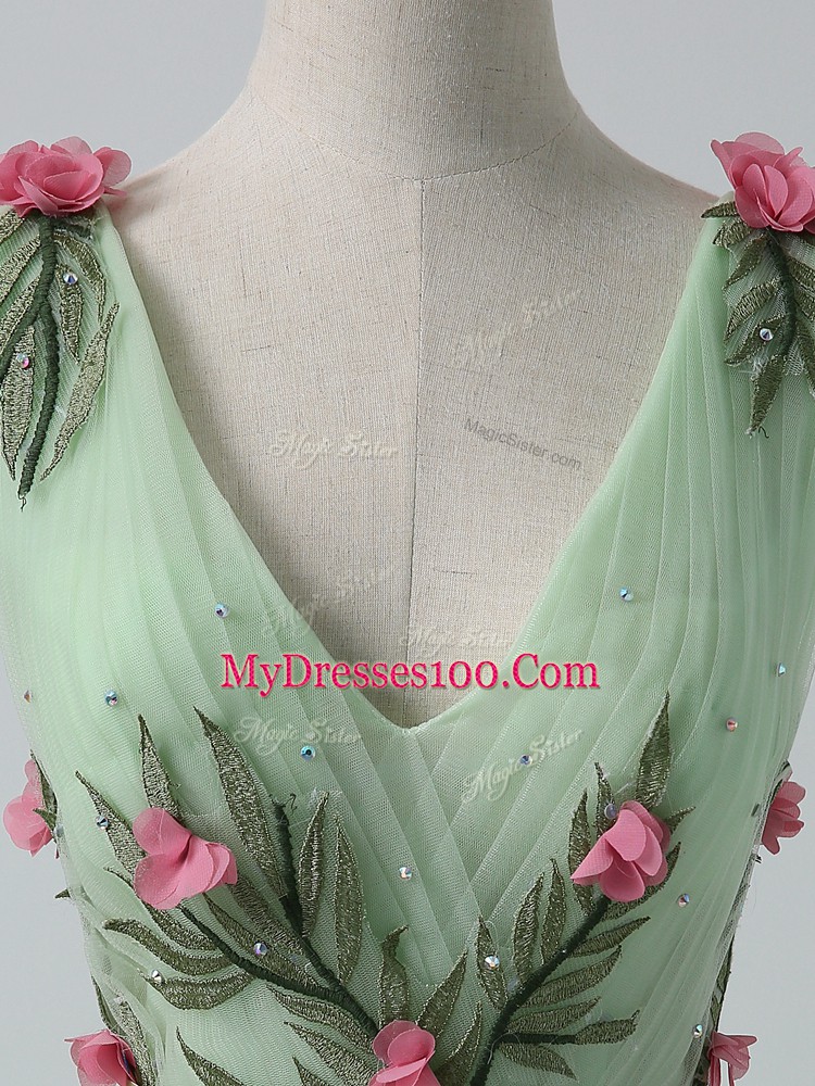 Comfortable Sleeveless Court Train Belt and Hand Made Flower Lace Up Evening Dress