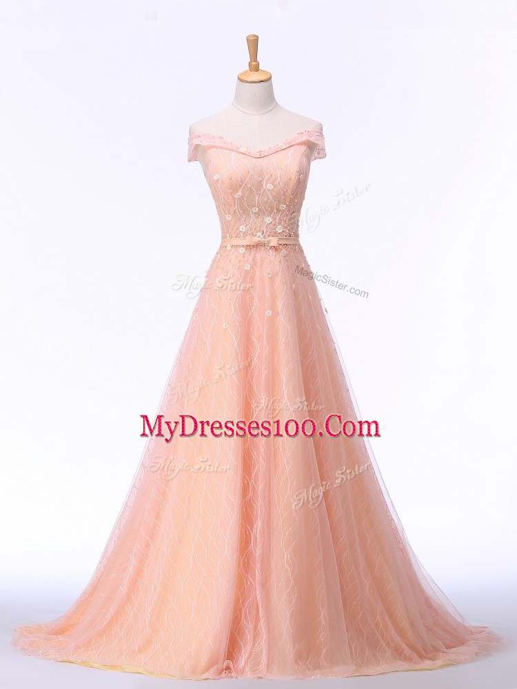 Excellent Peach A-line Beading and Lace and Belt Homecoming Dress Lace Up Tulle Sleeveless