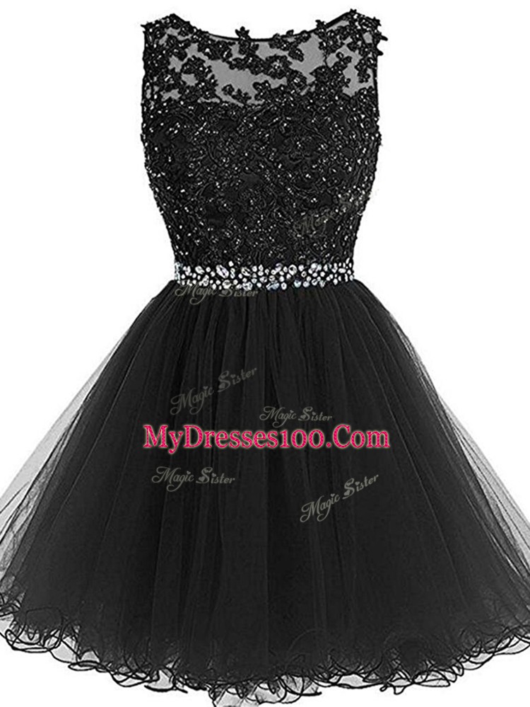 Unique Tulle Scoop Sleeveless Zipper Beading and Lace and Appliques Prom Dress in Black