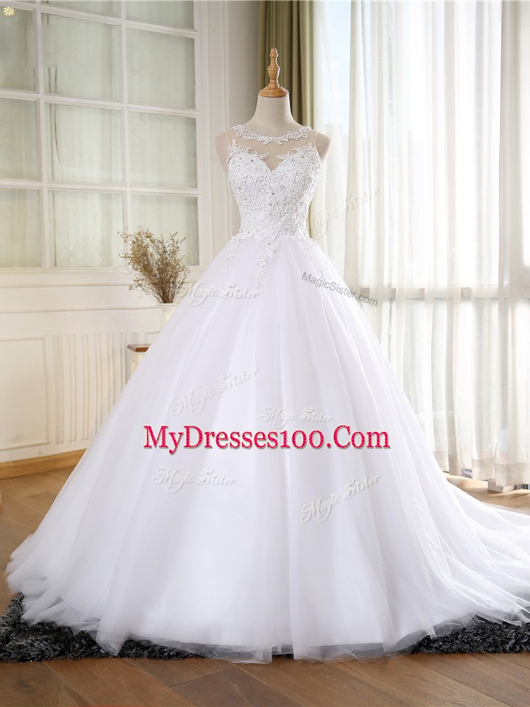 Sleeveless Court Train Lace and Appliques Zipper Bridal Gown