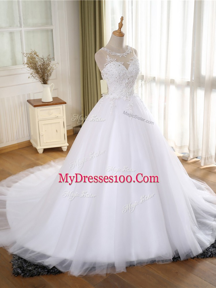Sleeveless Court Train Lace and Appliques Zipper Bridal Gown