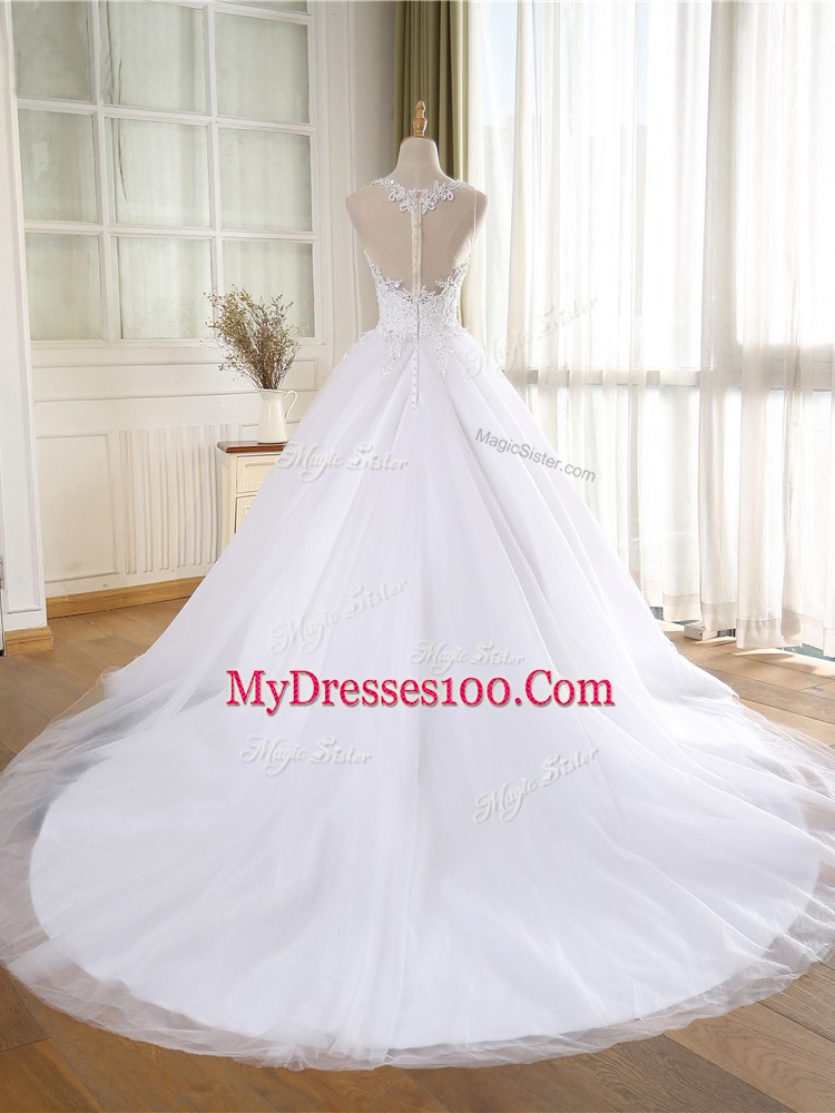 Sleeveless Court Train Lace and Appliques Zipper Bridal Gown