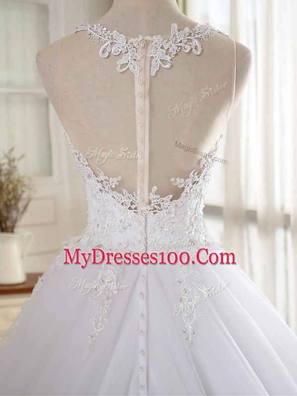 Sleeveless Court Train Lace and Appliques Zipper Bridal Gown