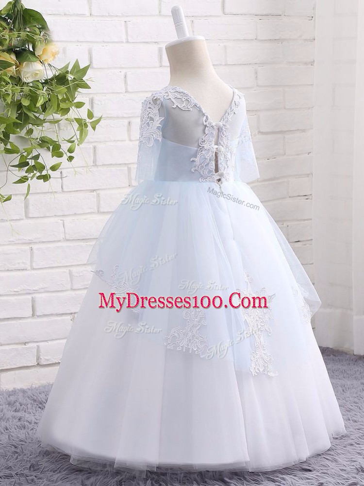 Unique Scoop Half Sleeves Tulle Girls Pageant Dresses Appliques Clasp Handle