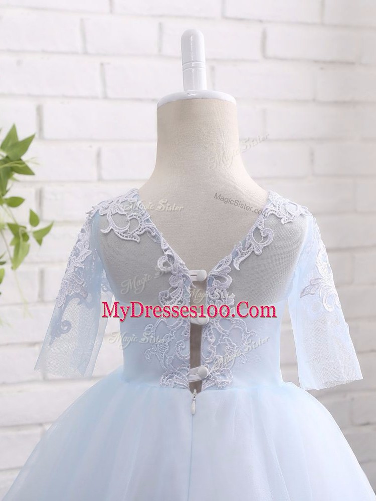 Unique Scoop Half Sleeves Tulle Girls Pageant Dresses Appliques Clasp Handle