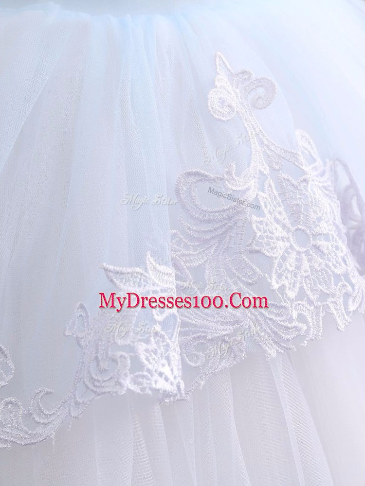 Unique Scoop Half Sleeves Tulle Girls Pageant Dresses Appliques Clasp Handle