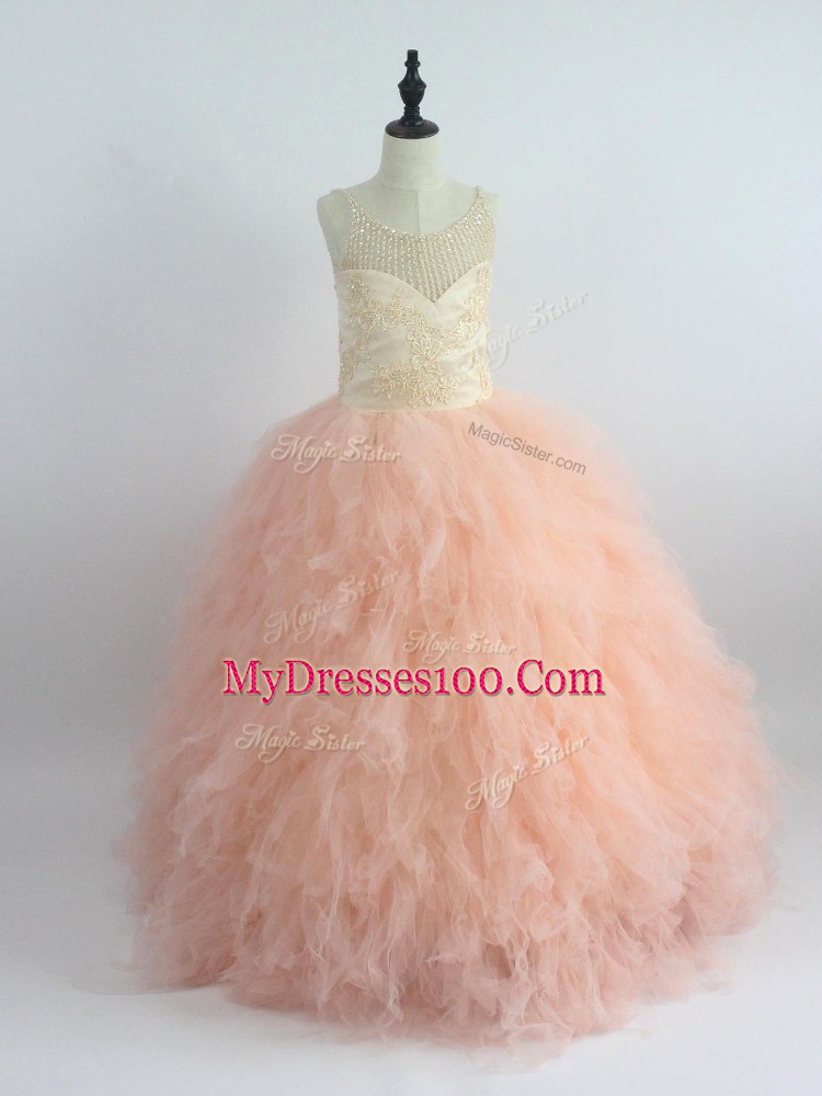 Scoop Sleeveless Little Girls Pageant Dress Wholesale Floor Length Appliques and Ruffles Peach Tulle