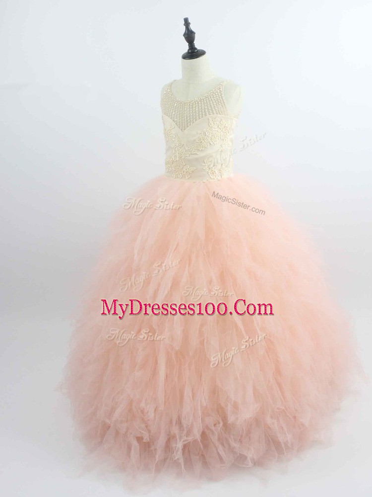 Scoop Sleeveless Little Girls Pageant Dress Wholesale Floor Length Appliques and Ruffles Peach Tulle