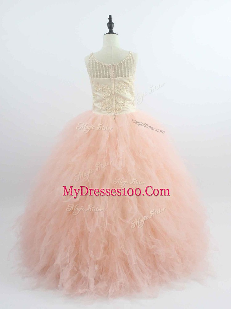 Scoop Sleeveless Little Girls Pageant Dress Wholesale Floor Length Appliques and Ruffles Peach Tulle