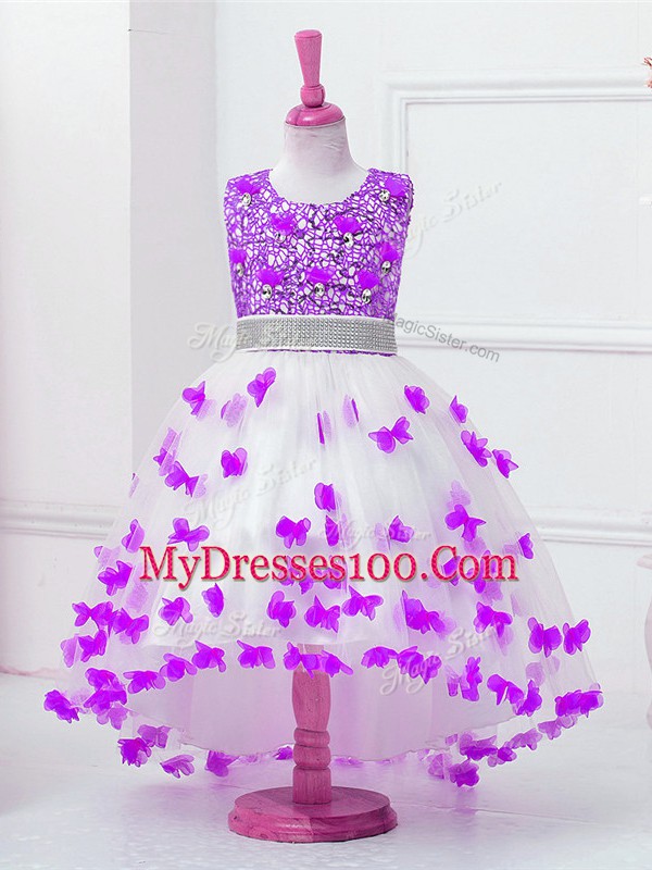 Fashionable White Ball Gowns Scoop Sleeveless Tulle High Low Zipper Appliques and Sequins Flower Girl Dresses for Less