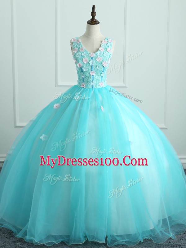 Affordable Floor Length Aqua Blue Quinceanera Gowns Organza Sleeveless Appliques