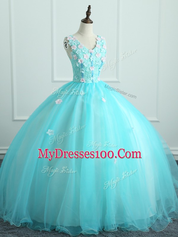 Affordable Floor Length Aqua Blue Quinceanera Gowns Organza Sleeveless Appliques