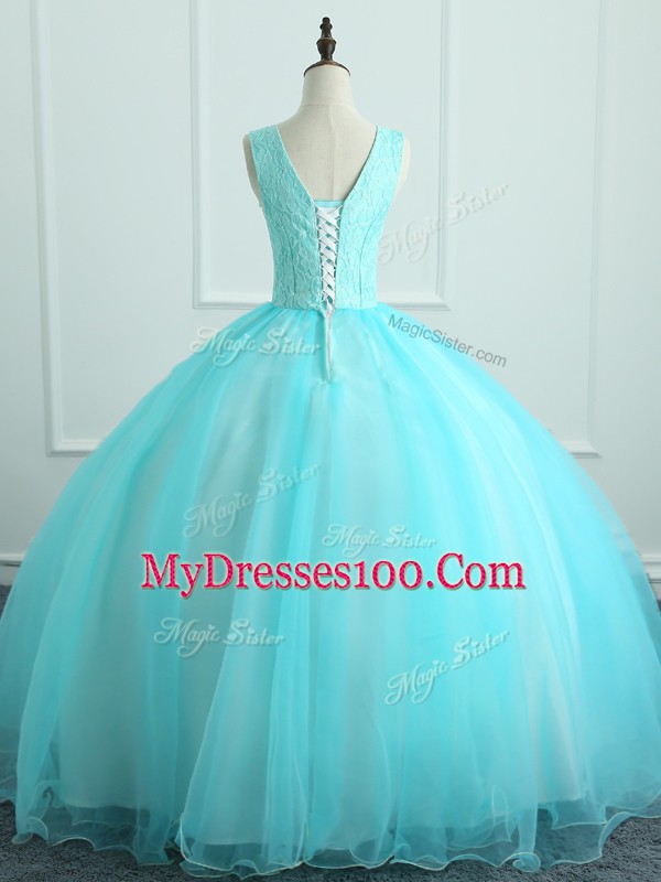Affordable Floor Length Aqua Blue Quinceanera Gowns Organza Sleeveless Appliques