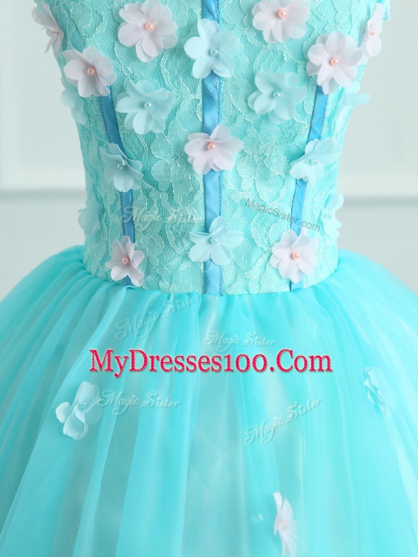 Affordable Floor Length Aqua Blue Quinceanera Gowns Organza Sleeveless Appliques