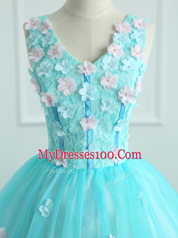 Affordable Floor Length Aqua Blue Quinceanera Gowns Organza Sleeveless Appliques