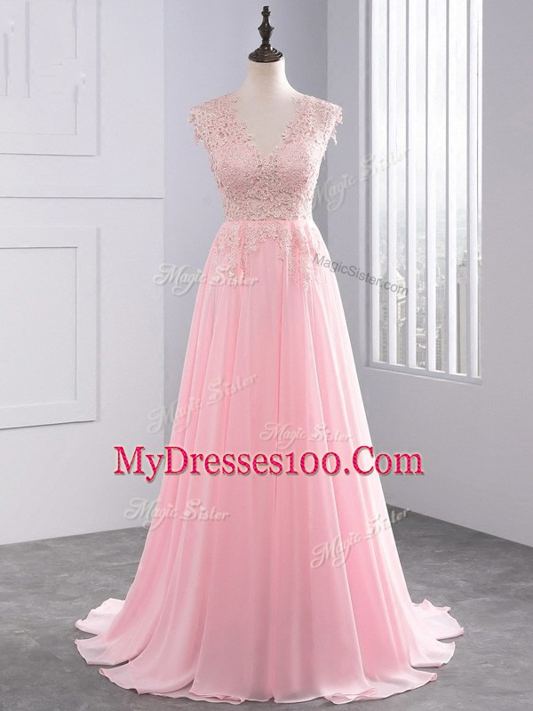 Chiffon V-neck Sleeveless Brush Train Side Zipper Appliques Prom Evening Gown in Baby Pink