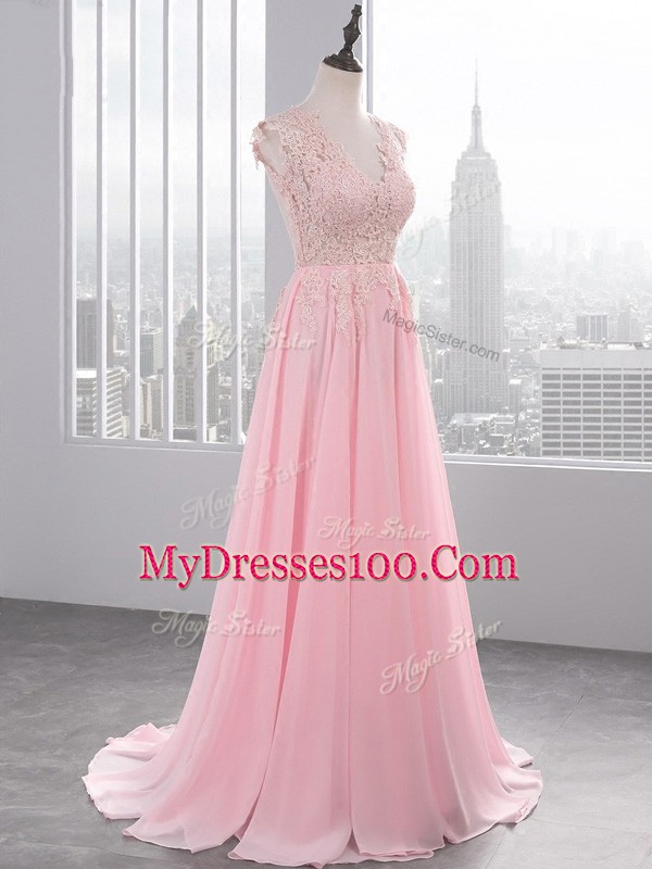 Chiffon V-neck Sleeveless Brush Train Side Zipper Appliques Prom Evening Gown in Baby Pink