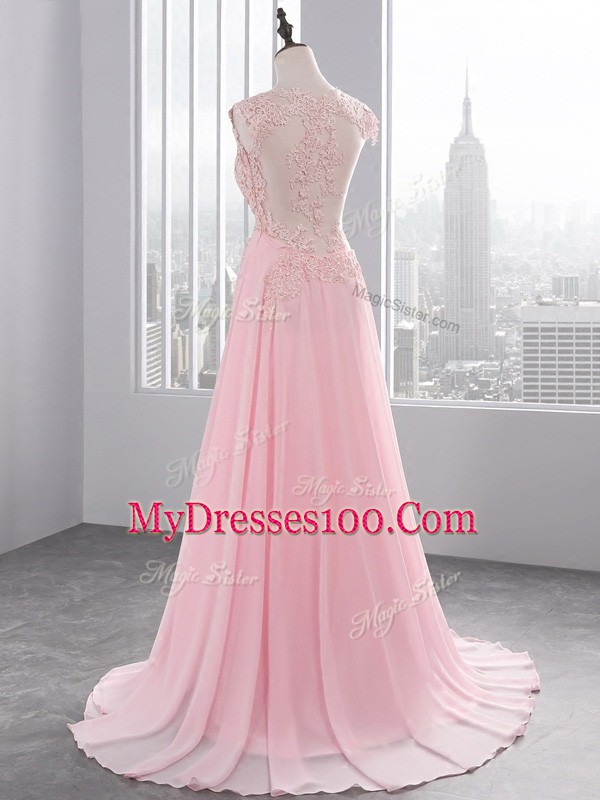Chiffon V-neck Sleeveless Brush Train Side Zipper Appliques Prom Evening Gown in Baby Pink