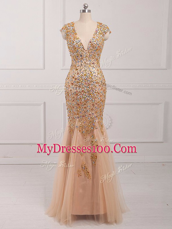 Elegant Mermaid Champagne V-neck Tulle Cap Sleeves Backless