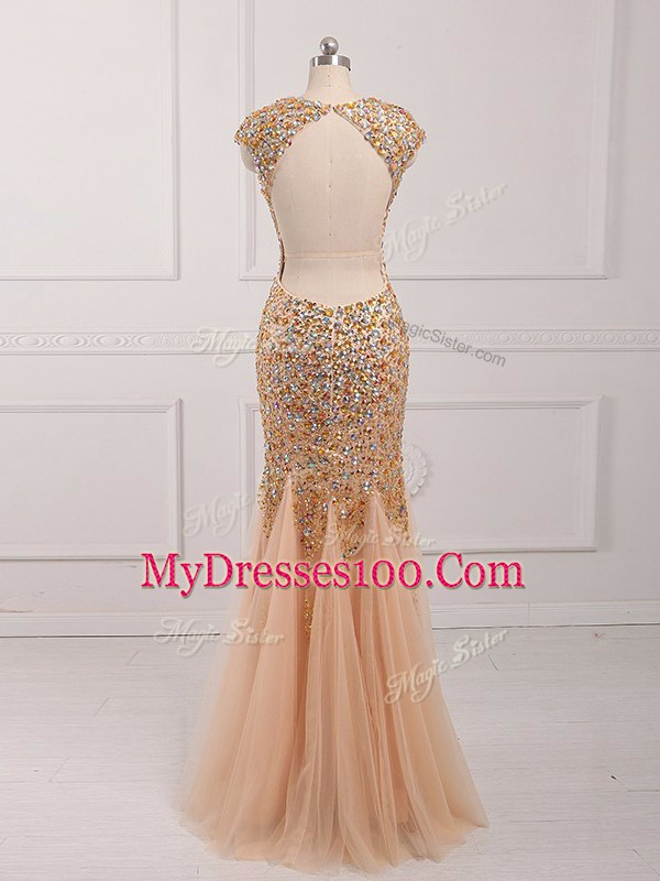 Elegant Mermaid Champagne V-neck Tulle Cap Sleeves Backless