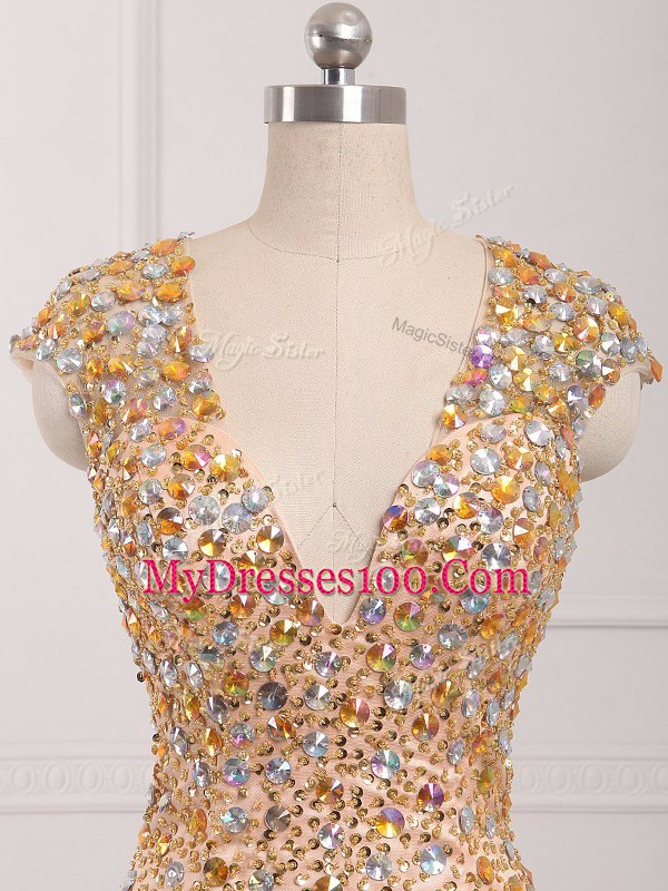 Elegant Mermaid Champagne V-neck Tulle Cap Sleeves Backless