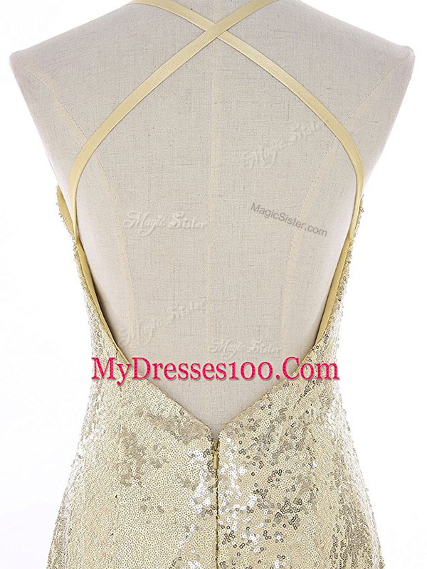 Lovely Straps Sleeveless Brush Train Backless Dress for Prom Gold Sequined
